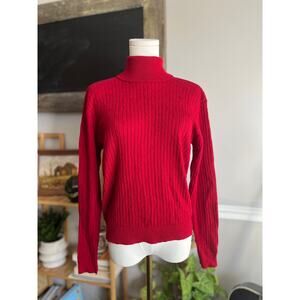 Vintage 90s Red Cable Knit Merino Wool Turtleneck Sweater Size Large